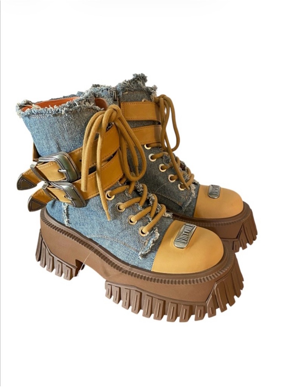 Vinyviola Chunky Platform Leather & Denim Combat Boots Asian Designer US 6.5 New
